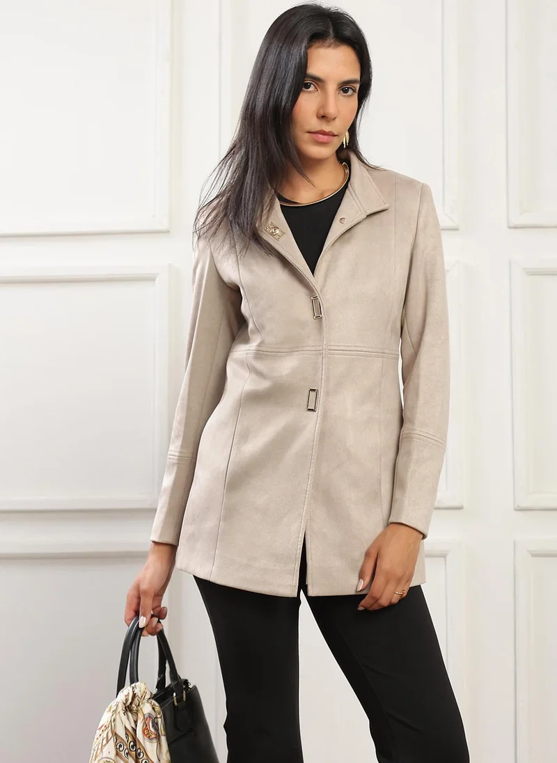 جلو باص Globus Women Taupe Mock Neck Long Sleeves Self Design Suede 2 Pockets Soft Functional Hip Length Winterwear Overcoat